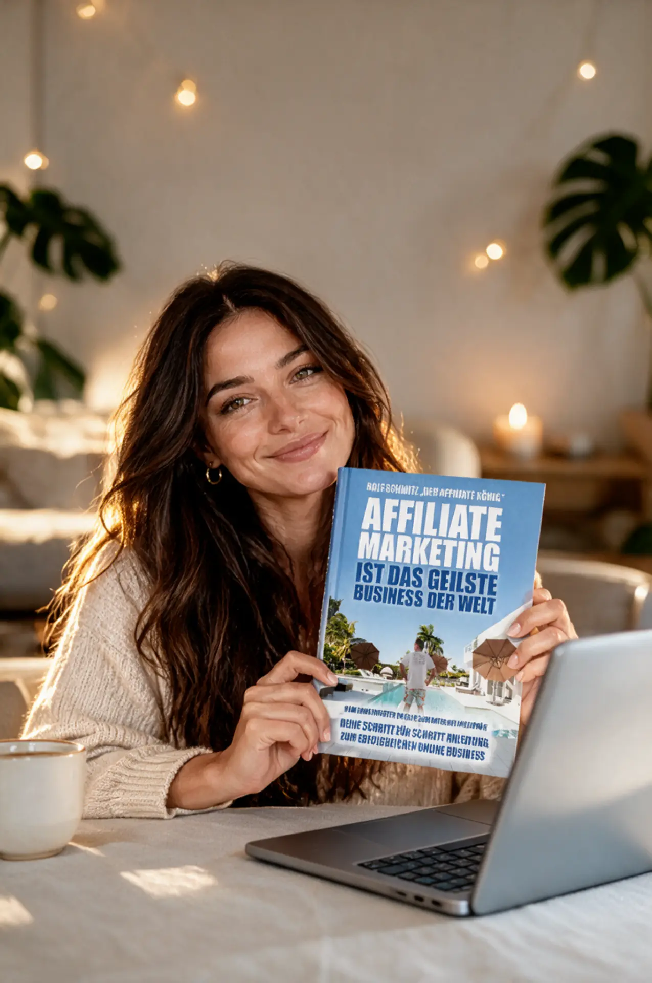 Frau mit Ralf Schmitz’ Affiliate-Marketing-Buch am Laptop
