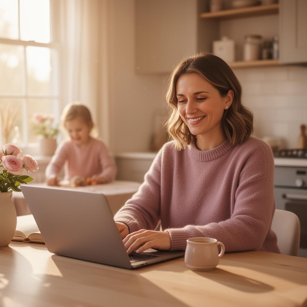 Mutter arbeitet entspannt von zuhause am Laptop