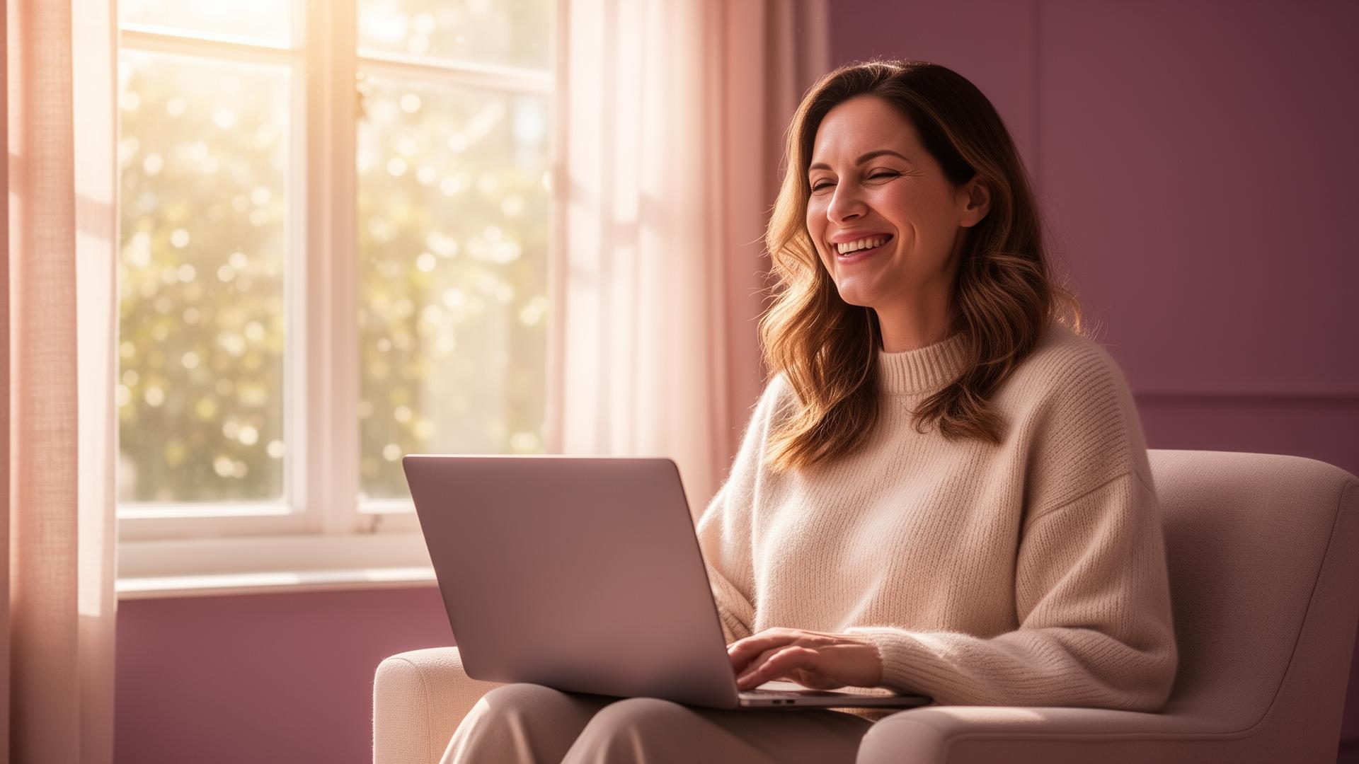 Glückliche Mutter arbeitet entspannt am Laptop am sonnigen Fenster